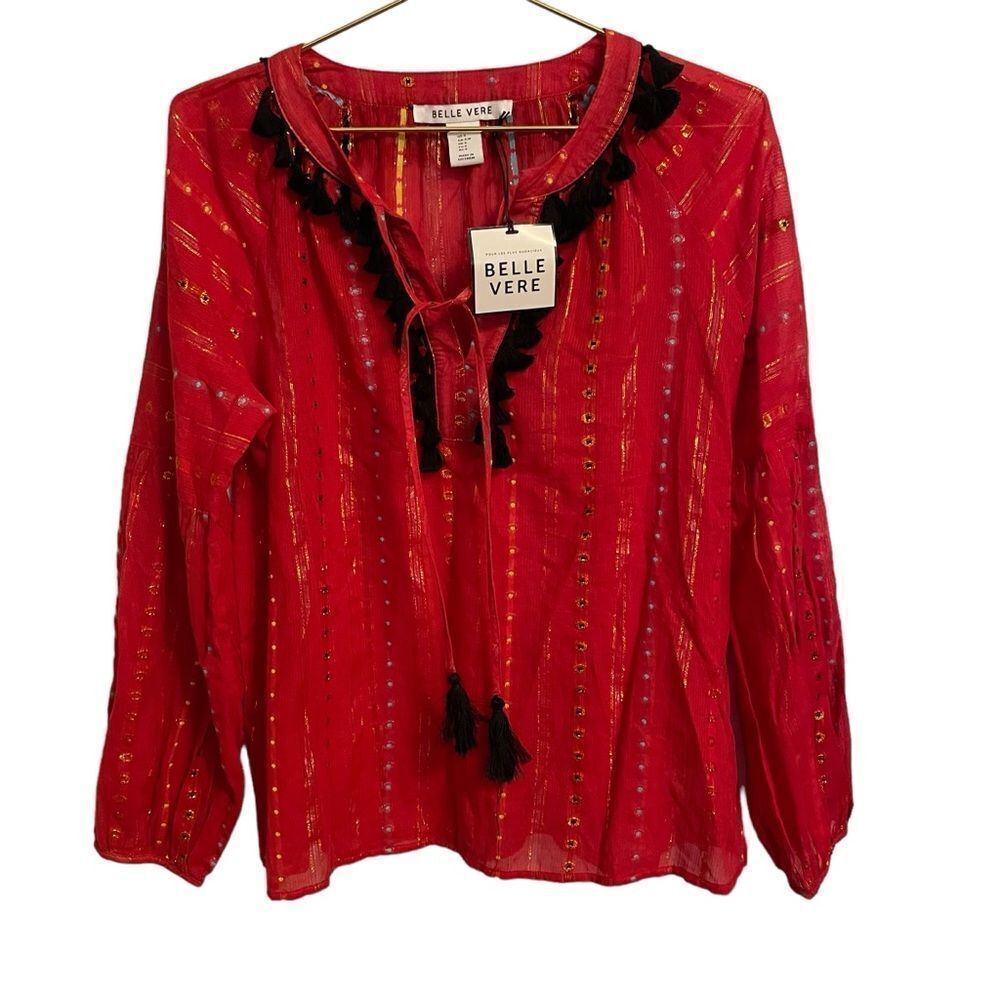 Belle Vere Red Metallic Tassel Boho Blouse‎ Size Small NWT